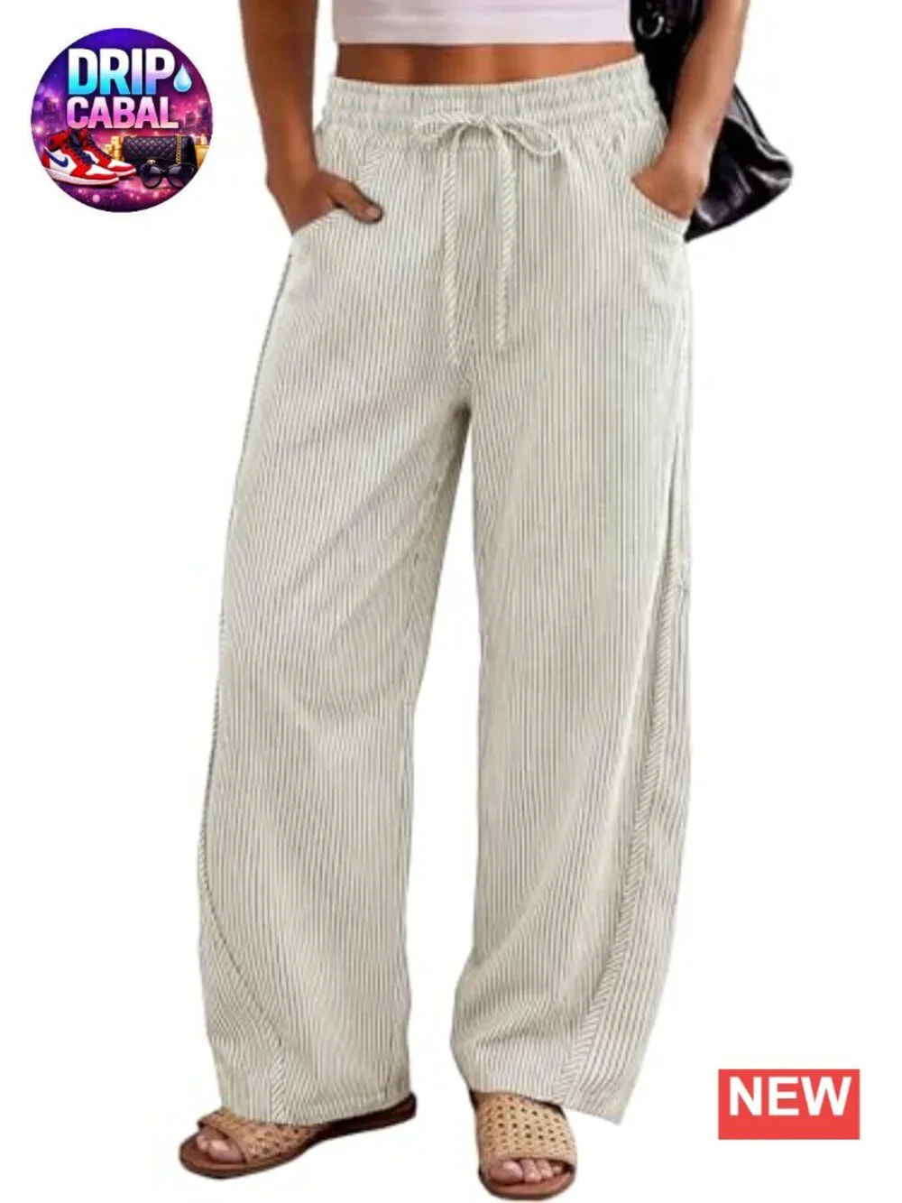Womens Striped Barrel Casual Pants Elastic Drawstring Baggy Lounge Wide Leg
